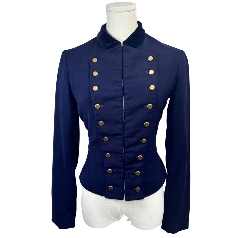 VTG Ralph Lauren Military Jacket Navy Blue 100% Wool DBL Breasted Velvet Silk 8